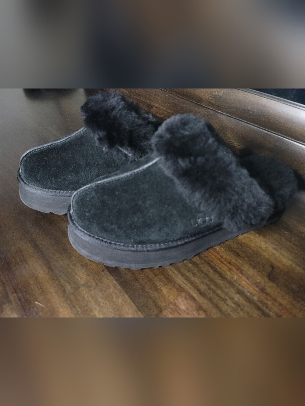 UGG Disquette Black Suede Platform Slippers Mules Size 9